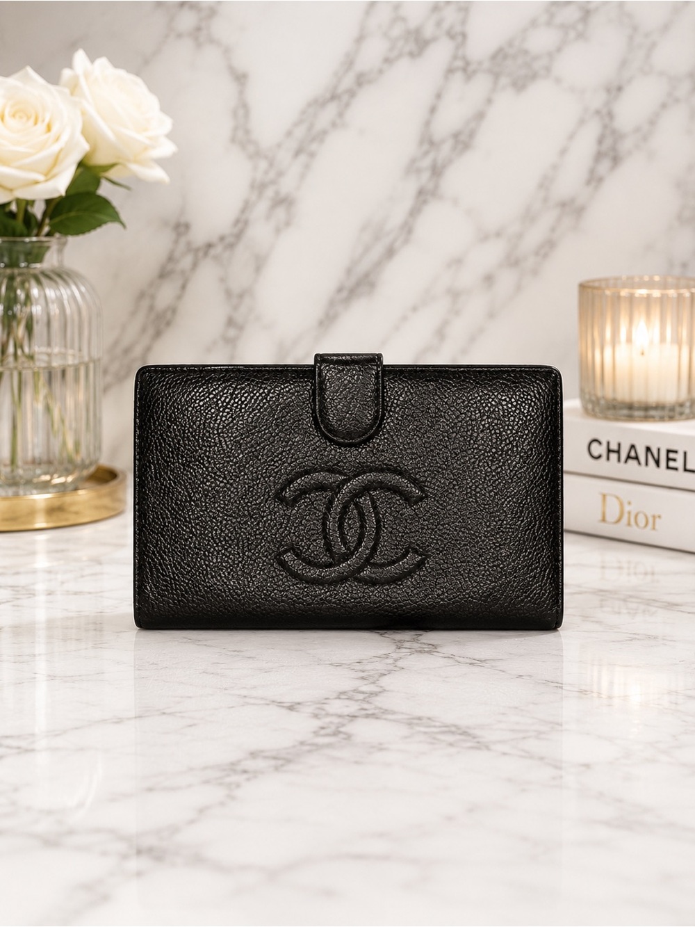 CHANEL Cambon Ligne Black Caviar Leather Long Snap Bifold Wallet Full Inclusion